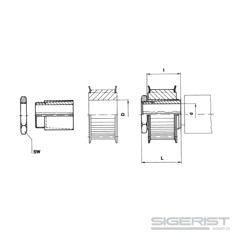 Spanbus / klembus van roestvrij staal (spantang SZ) – technische tekening