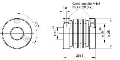 Balgkupplung mit Edelstahlbalg und Alu-Schraubnabe - maximales Drehmoment 200 Ncm_technische Zeichnung
